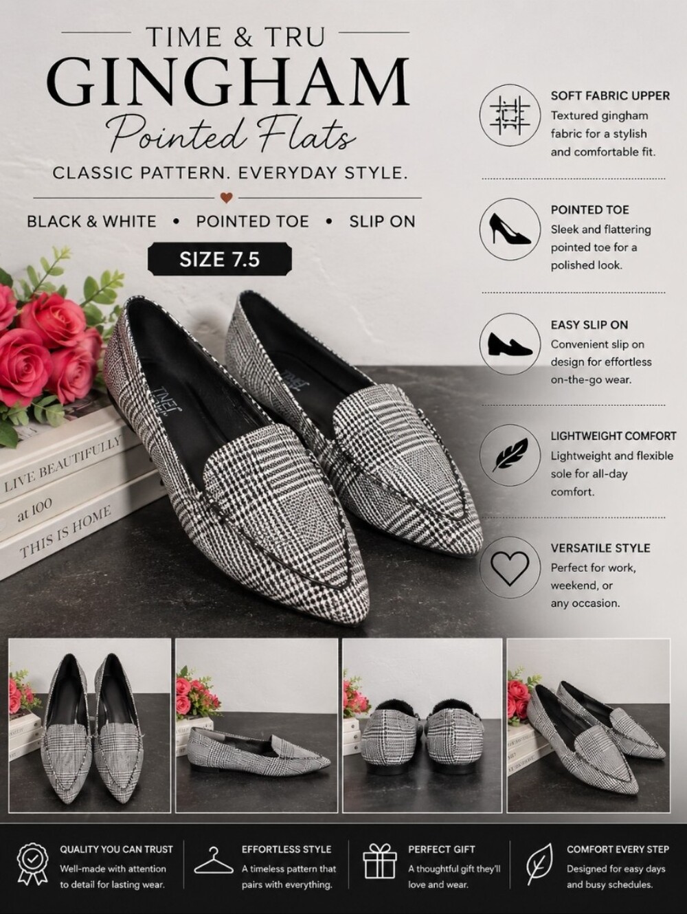 TIME & TRU Gingham Black White Pointy Toe Fabric Flat 7.5
